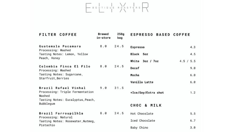 elixir menu
